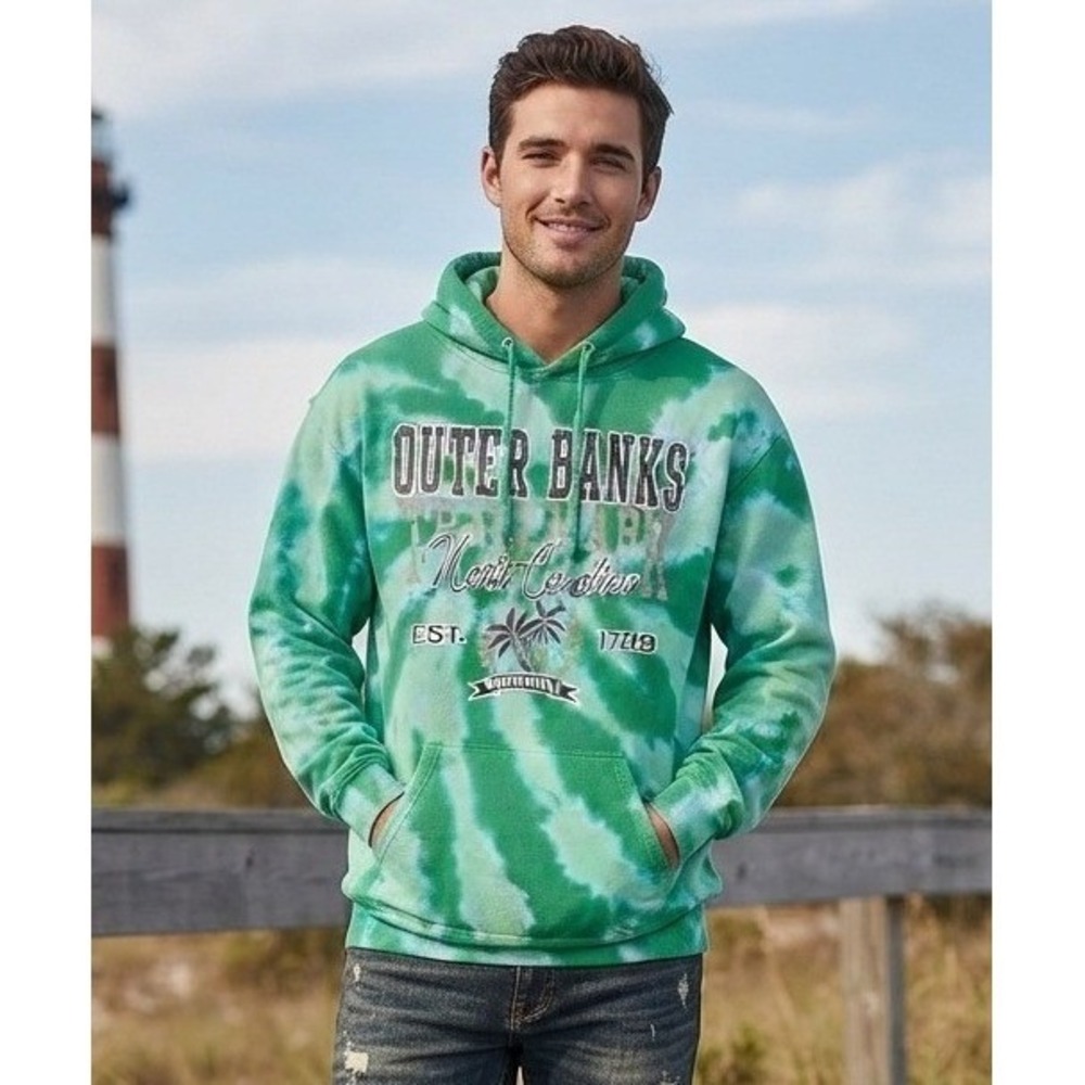 Outer Banks Tie Dye Hoodie Sweatshirt Men's Small Green White North Carolina Y2K